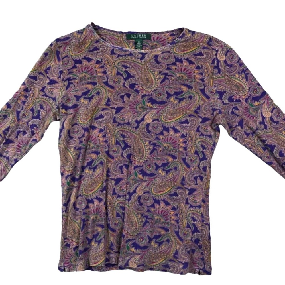 LRL Ralph Lauren Top Womens M Blue Paisley Knit Lightweight Long Sleeve